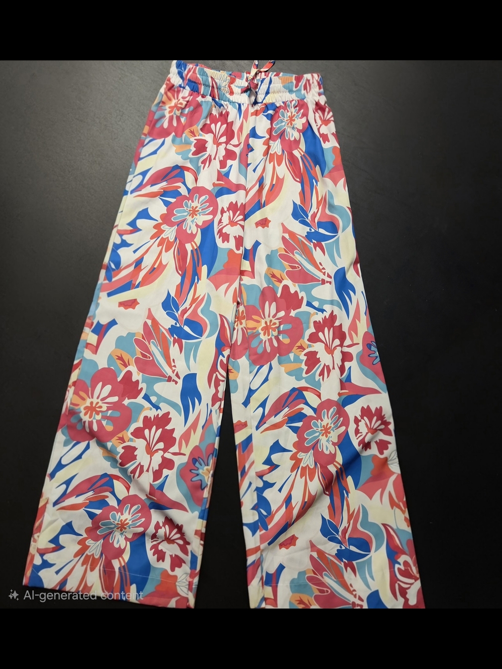 Wide Leg Floral Pull-On Pants in Coral & Blue